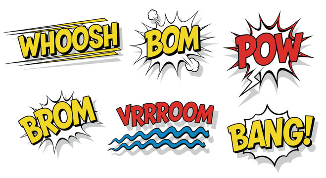 Collection of vibrant comic book sound effects, including 'whoosh', 'bom', 'pow', 'brom', 'vrrroom', and 'bang', rendered in bold colors and dynamic vector illustration style for energetic designs