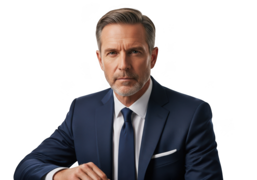 Serious businessman in blue suit and tie looking at camera portrait headshot professional isolated on transparent background - Powered by Adobe