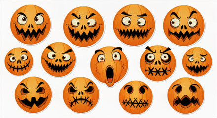 Collection of carved pumpkin faces for Halloween decorations