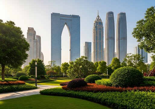 Modern cityscape with unique arch skyscraper and lush green park