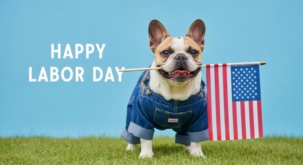Cute french bulldog in denim overalls holding an american flag for a happy labor day celebration