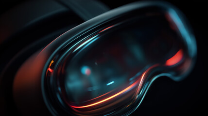 VR headset floating UI, close detail of neon UI reflections on sleek headset curves, moody dark shadows