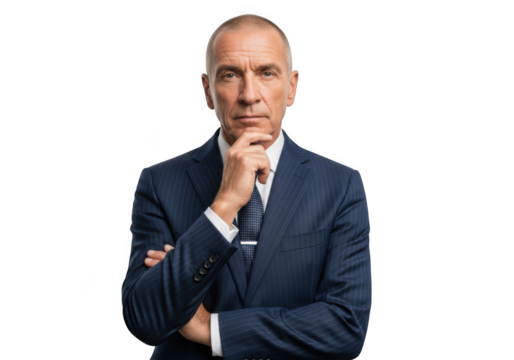 Serious businessman portrait in navy suit posing thinking strategy success leadership professionalism isolated on transparent background