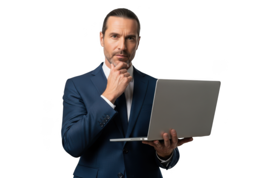 Pensive businessman holding laptop, thinking, corporate professional, serious expression, male model, elegant suit, isolated on transparent background - Powered by Adobe