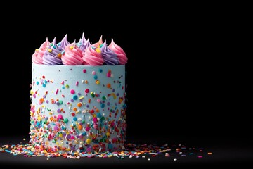 Round blue frosted cake with colorful sprinkles and pink and purple piped frosting on black background. For birthday party celebration.