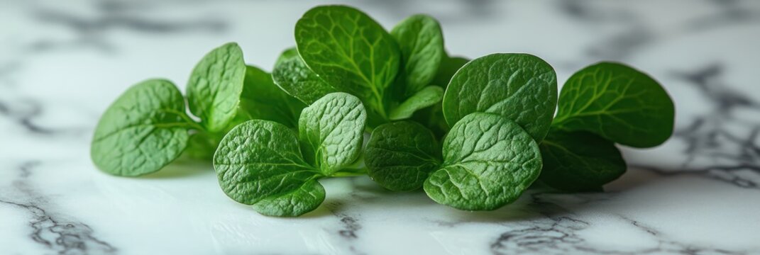 Fresh, vibrant green leaves arranged on a marble surface