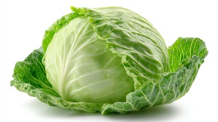 Fototapeta premium Crisp, green cabbage head with ruffled leaves, isolated on a white background