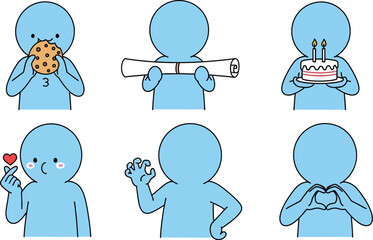 Stick figure emotions and activities with cookie and diploma