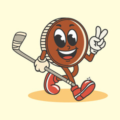 Vector illustration of cartoon character, retro, ice hocky ball and hocky stick with funny and cheerful face