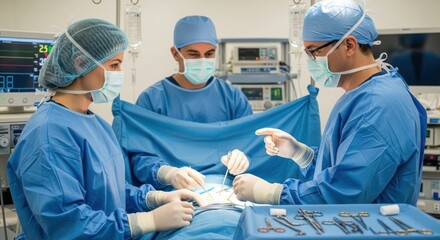 Focused surgical team performing critical operation in a modern hospital operating room, employing