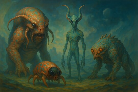 extraterrestrial creatures in alien world, mysterious species in a cosmic environment, futuristic alien beings art, artificial intelligence tech Background