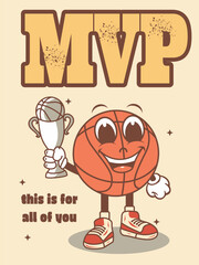 Vector illustration, cartoon character of smiling basketball mascot holding trophy and MVP writing, for poster print, t-shirt