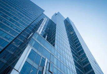 Fototapeta premium Modern glass skyscraper facade reflecting the blue sky