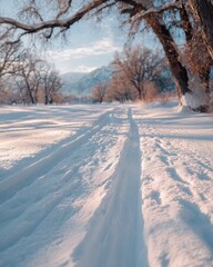 Obraz premium Snowy winter landscape with tracks through forest and mountains under blue sky, perfect for travel brochures, calendars, greeting cards, holiday promotions