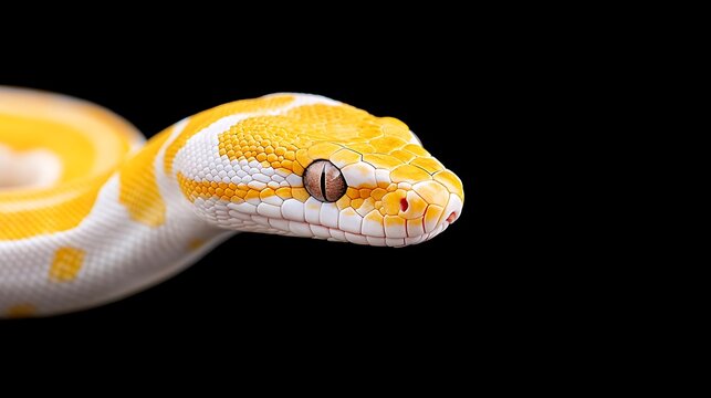 Close up portrait of a vibrant yellow and white ball python snake
