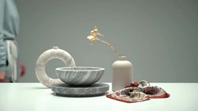 Geometric Still Life Featuring Marble and Ceramic Vases with Golden Floral Accent on White Table against Gray Background
