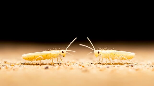 Two tiny white springtails face each other on a textured surface