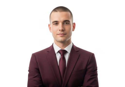 Professional young businessman in burgundy suit portrait stock photo with confident expression isolated on transparent background