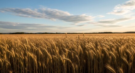 Obraz premium Golden wheat field waving in the wind at sunset