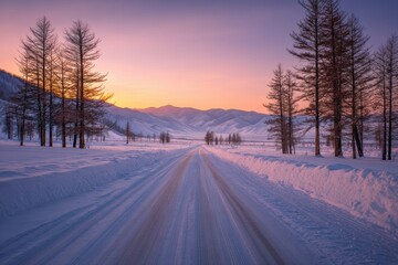 Obraz premium Snowy winter road through mountain landscape with sunset sky, travel destination promotion, automotive winter driving, nature wall art backdrop