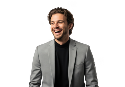 Smiling businessman in grey suit laughing portrait headshot stock photo cutout image isolated on transparent background