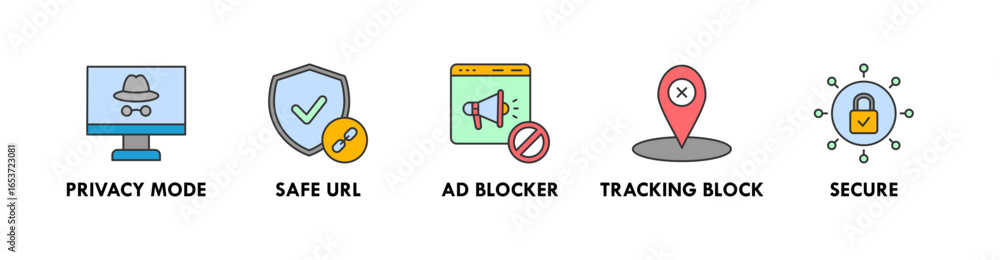 Poster safe browsing banner web icon illustration concept with icon of privacy mode, safe url, ad blocker, 