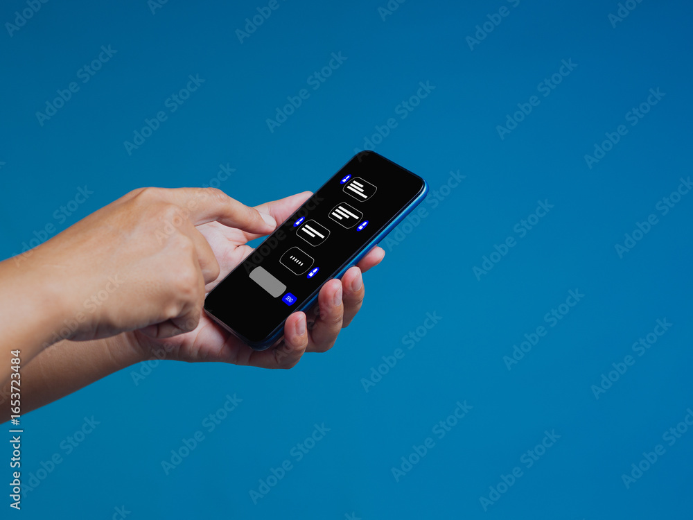 Aufkleber hand using smartphone with chatbot interface on blue background showing ai messaging and communicati