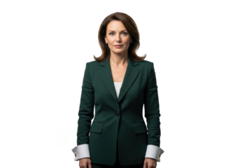 Professional businesswoman in green suit portrait png image for design and marketing stock photo isolated on transparent background