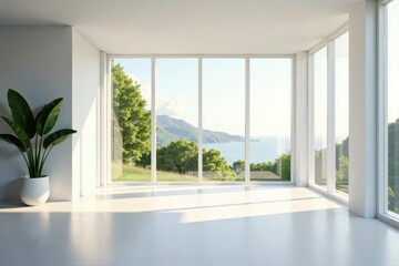 Fototapeta premium Bright minimalist room, expansive window view , empty room, empty, white