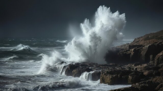 Powerful ocean waves crashing on rocky shore