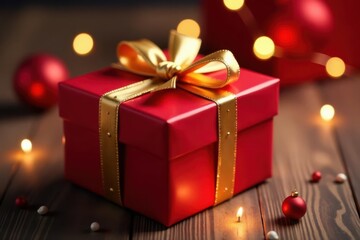 Obraz premium Christmas party; red gift box golden bow, close-up detail, festive atmosphere, exchange, box, season