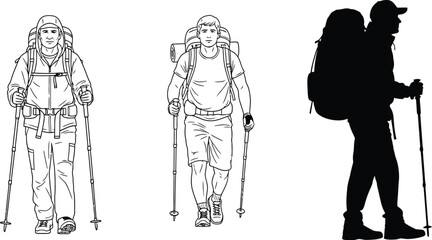 Hiking trekking vector illustration with backpack and poles