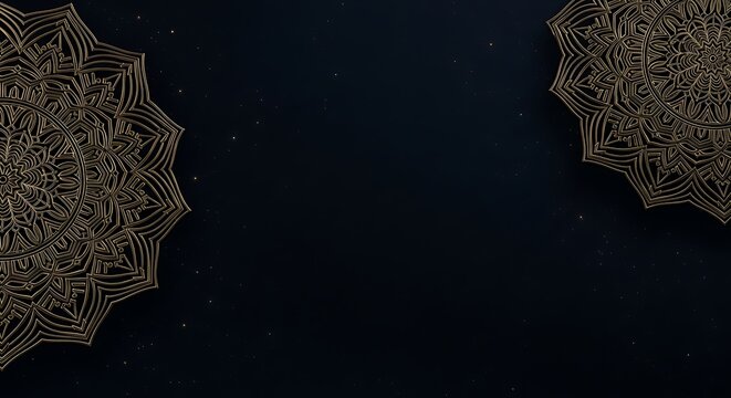 Gold mandala pattern on a dark blue background with glitter