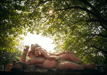 Majestic Reclining Ganesha Statue Under Lush Green Canopy. Generative Ai
