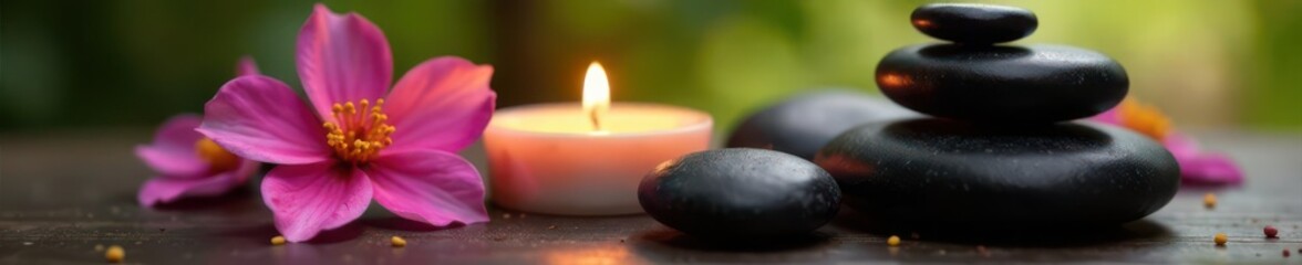Close-up of aromatic flowers and heated massage stones, soft candlelight glow , aroma, background, relax