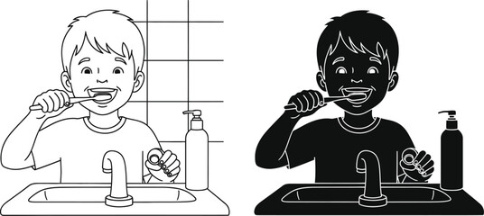 Illustration of boy brushing teeth dental care hygiene routine