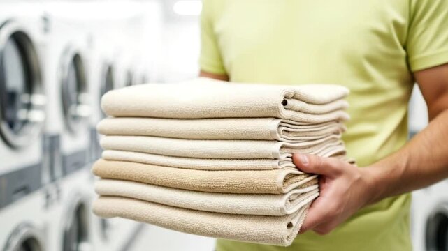 Man holding stack of folded towels in laundromat with washing machines in the background at laundry shop