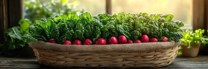Freshly grown greens and radishes in a rustic basket by a window