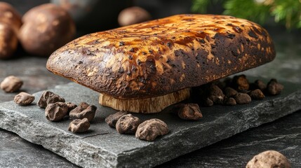 Close-up of a large, dark-brown mushroom on a dark stone slab, surrounded by smaller dark brown pieces