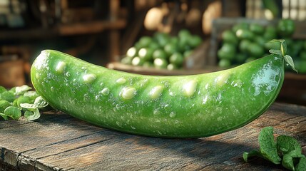 Close-up of a single green pea pod with dew drops, on a rustic wooden surface