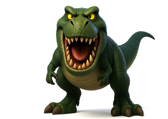 Aggressive 3D cartoon T-Rex dinosaur roaring, isolated on white background.