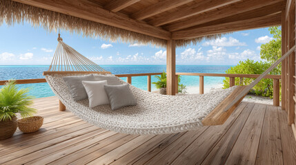 Obraz premium Digital nomad's travel oasis simple hammock on porch overlooking blurred ocean horizon