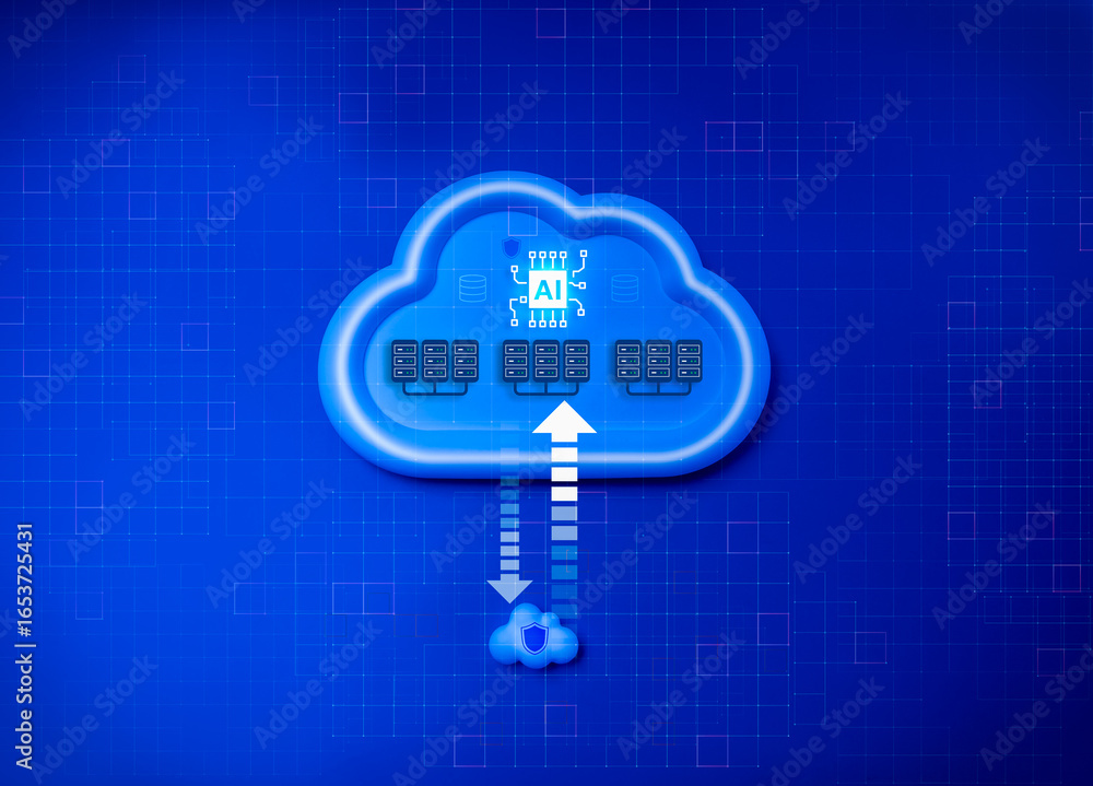 Poster ai cloud storage system with data center servers icons and upload-download arrows on digital backgro