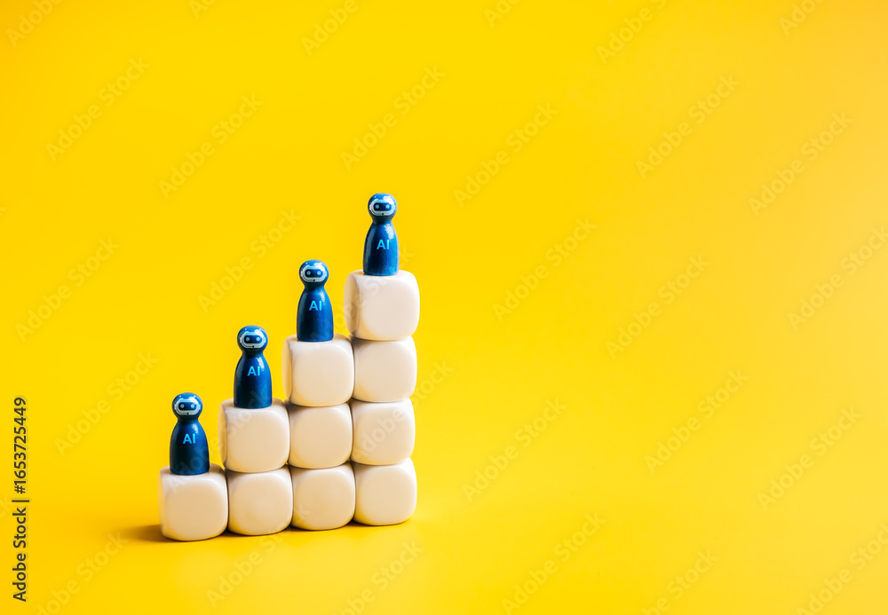 Poster ai robot figurines standing on white block stairs as growth graph on yellow background, symbolizing 