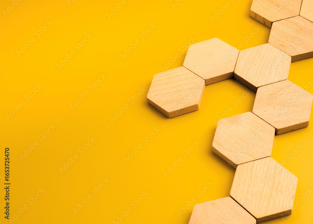 Poster blank wooden hexagon blocks, for icons or infographics design arranged in network pattern on yellow 