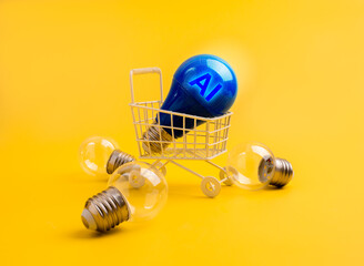 Blue AI light bulb in small shopping cart on vibrant yellow background, symbolizing artificial...