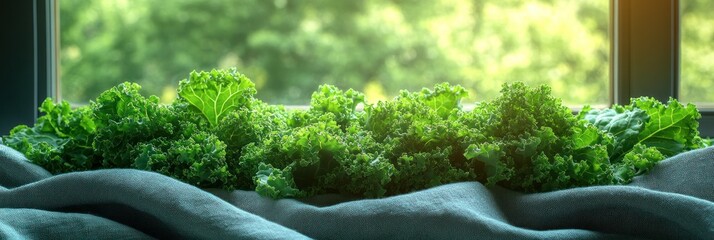 Fresh kale leaves on a light teal-colored cloth, beside a window with out-of-focus green trees