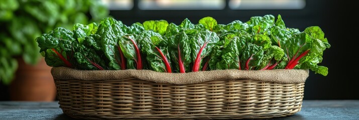 Freshly harvested Swiss chard in a rustic basket