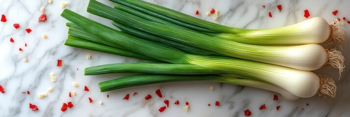 Fresh green scallions on a white marble surface with scattered red pepper flakes and small pieces of garlic