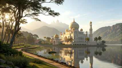 Fototapeta premium Magical palace with golden domes reflecting on serene waters